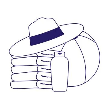 Stack of towels with beach hat and ball, flat design Illustrazione stock
