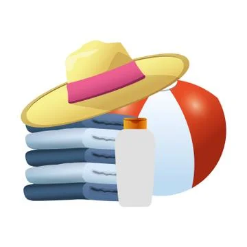 Stack of towels with beach hat and ball, colorful design Illustrazione stock