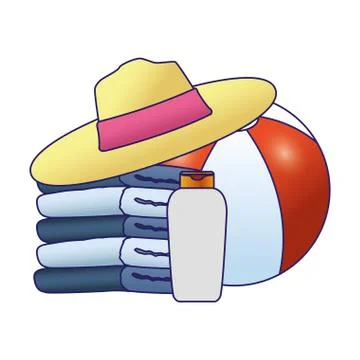 Stack of towels with beach hat and ball Illustrazione stock