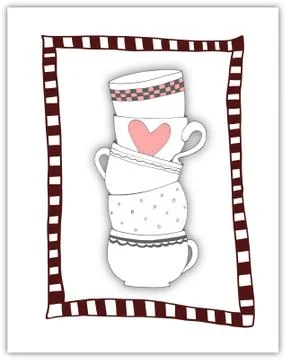 Stack of towering cups in red stripey frame Illustrazione stock