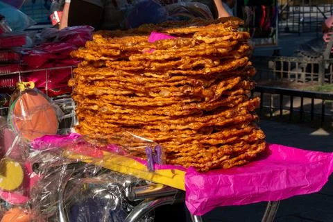 Stack of Traditional Mexican Caramelized Peanut Wafers Sold in Downtown 写真素材