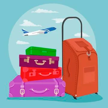Stack of traveling luggage with suitcase over airplane in sky Stock Illustration
