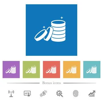 Stack of treasure flat white icons in square backgrounds Stock Illustration