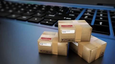 Stack of tree cardboard parcels lying on a notebook - 3d illustration イラスト素材