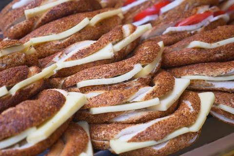 Stack of Turkish Bagel Simit with cheese Stock Photos