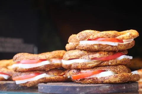 Stack of Turkish Bagel Simit with cheese Stock Photos