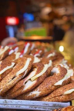 Stack of Turkish Bagel Simit with cheese Stock Photos