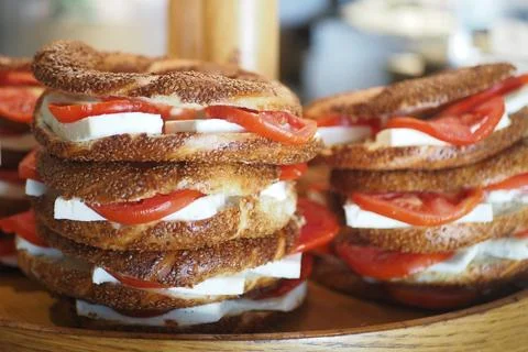 Stack of Turkish Bagel Simit with cheese Stock Photos