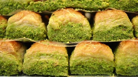 Stack of turkish baklava displaying Stock Footage 333087497