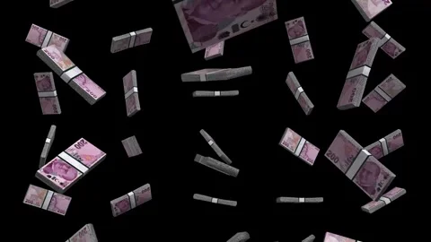 Stack Turkish Money 3D Falling Animation Black Background Видео 265619128