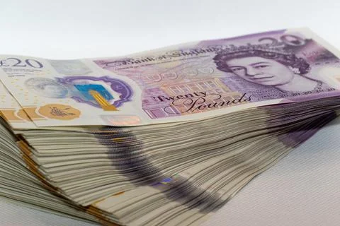 Stack of Twenty Pound British Banknotes Foto stock
