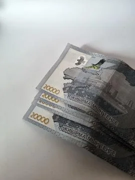 Stack of twenty thousand tenge banknotes on white background. Foto stock