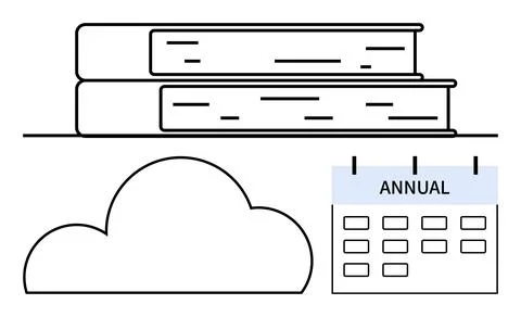 Stack of two books, cloud icon, and calendar labeled annual. Ideal for educat Illustrazione stock