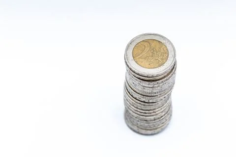 Stack of two euros isolated with selective focus Stock Photos