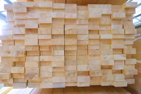 Stack of two-layer wooden glued laminated timber beams from pine finger joint 스톡 사진