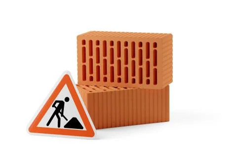 Stack of two red brick stones  with two single bricks in front and road const Stock Illustration