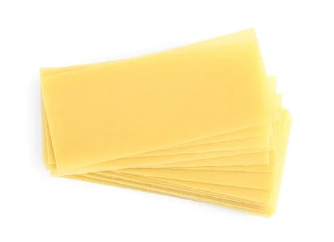 Stack of uncooked lasagna sheets isolated on white, top view Stockfoto's