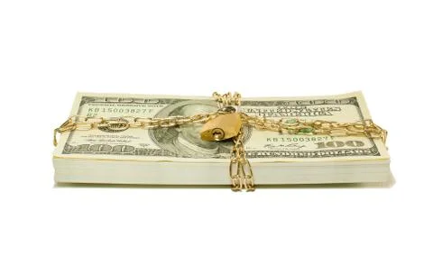 Stack of us 100 dollar bills chained and locked Stock Photos
