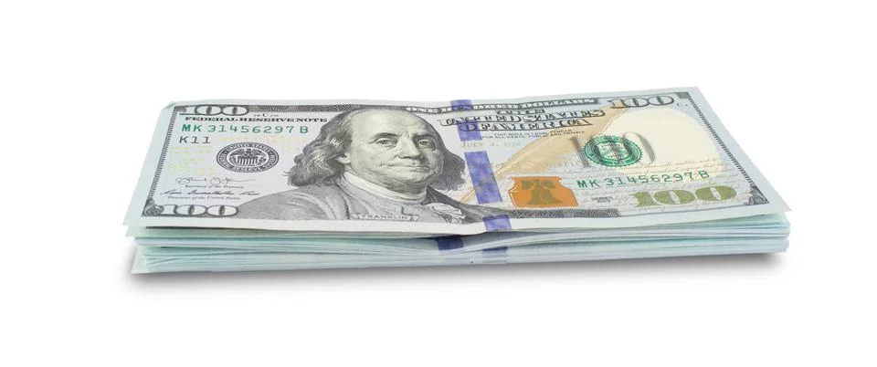 Stack of US dollar banknotes isolated on white background. Stock Photos