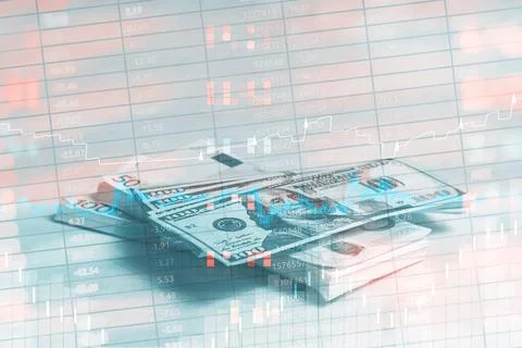 Stack of US dollar banknotes overlaid with financial market data, stock chart Stockfoto's