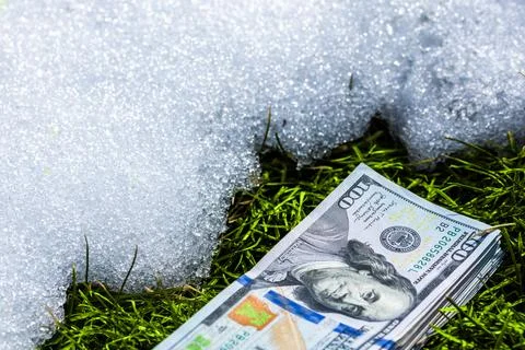 Stack of us dollar banknotes on the snow near thawed green grass patch Stock Photos