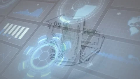Stack of US dollar bills shifting as pulsing holo ring emitting sweeping light, Stock Footage 329470624