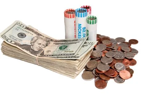 Stack of usa currency and rolls of coins Stock Illustration