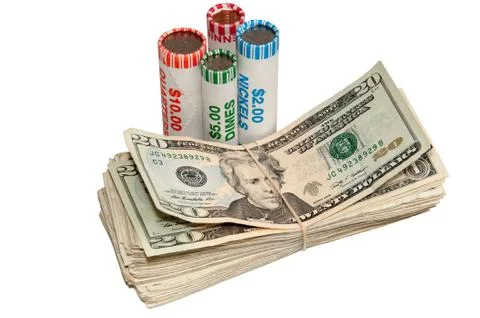 Stack of usa currency and rolls of coins Stock Photos