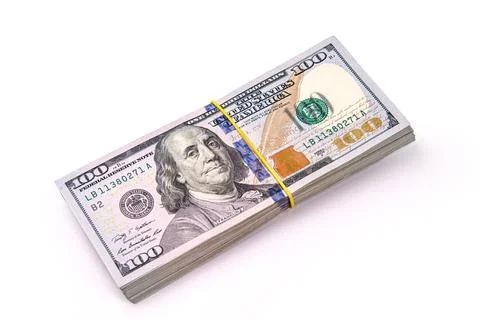 Stack of usd bills with yellow band, centered composition, dynamic yet balanc Stock Photos