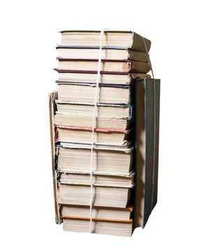 Stack of used books tied with packthread isolated Stock Photos