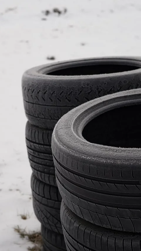 Stack of used summer tires near roadside Stock Footage 334484156