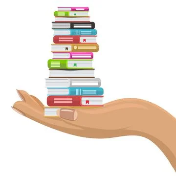 Stack of various books in female hand. Hand holding books. Flat and solid color Stock Illustration