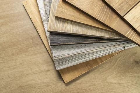 Stack of various construction sample wood boards. Stock Photos