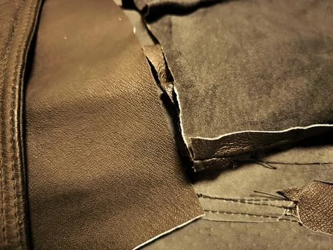 Stack of Various Leather Textures and Scrapes in an Almaty Studio. Stock Photos