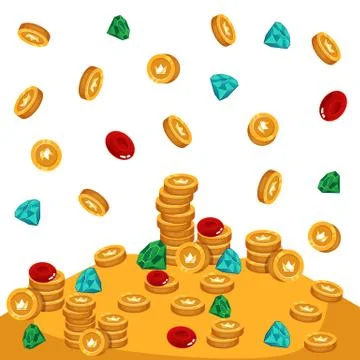 Stack of various treasures and gold coins cartoon vector illustration isolated. Stockillustratie