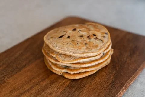 Stack of vegan chocolate chip pancakes Stock Photos