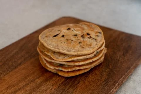Stack of vegan chocolate chip pancakes Stock Photos