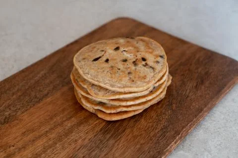 Stack of vegan chocolate chip pancakes Stock Photos