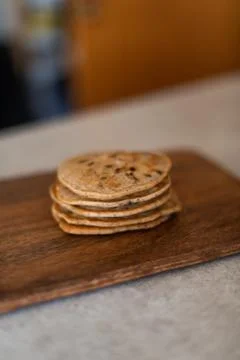 Stack of vegan chocolate chip pancakes Stock Photos