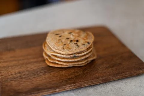 Stack of vegan chocolate chip pancakes Stock Photos