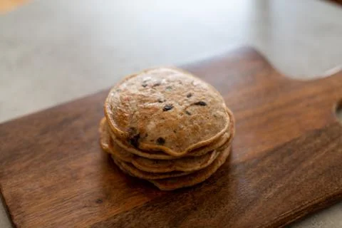 Stack of vegan chocolate chip pancakes Stock Photos
