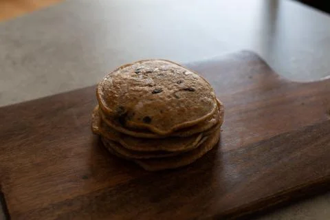 Stack of vegan chocolate chip pancakes Stock Photos