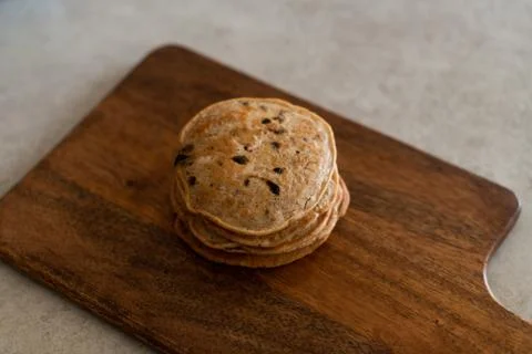 Stack of vegan chocolate chip pancakes Stock Photos