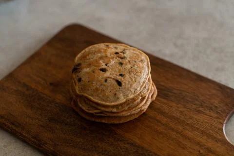 Stack of vegan chocolate chip pancakes Stock Photos