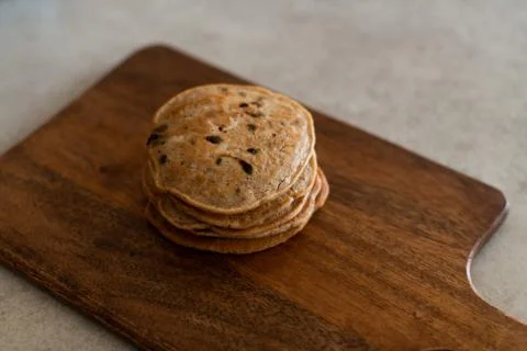 Stack of vegan chocolate chip pancakes Stock Photos