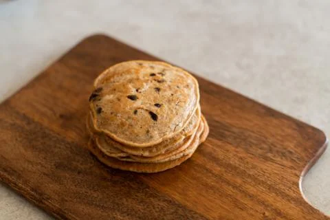 Stack of vegan chocolate chip pancakes Stock Photos
