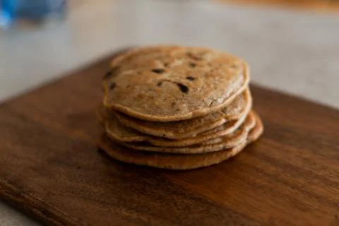 Stack of vegan chocolate chip pancakes Stock Photos