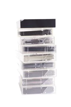 Stack of vintage audio cassettes isolated on white Foto stock
