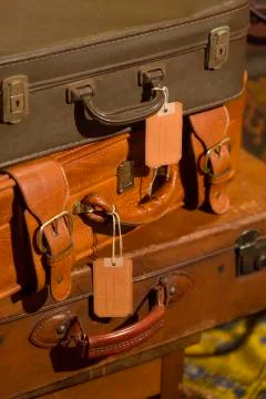 Stack of vintage leather suitcases Stock Photos