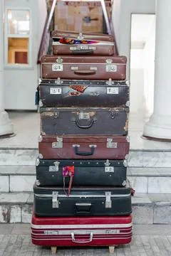 Stack Of Vintage Suitcases . Close up . background with large stack of anti.. Stock Photos
